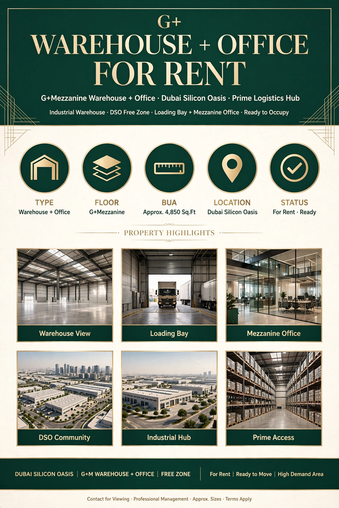 G+ Mezzanine Warehouse + Office for Rent in Dubai Silicon Oasis