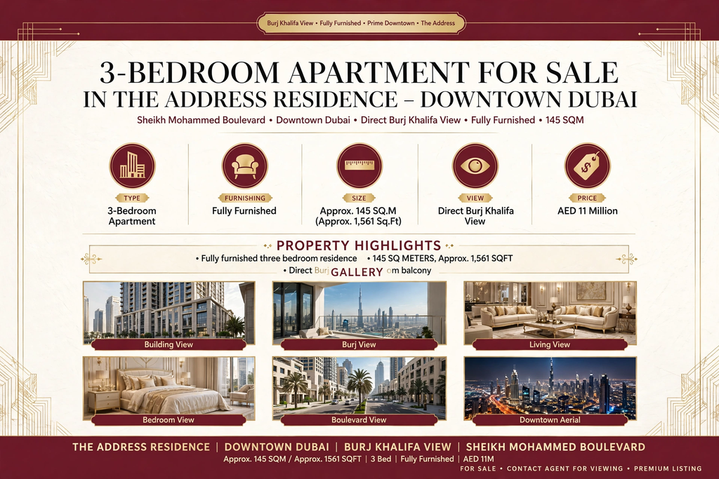 3-Bedroom Apartment for Sale in The Address Residence – Downtown Dubai