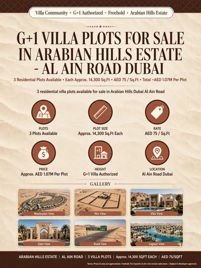 G+1 Villa Plot for Sale in Arabian Hills Estate - Al Ain Road Dubai