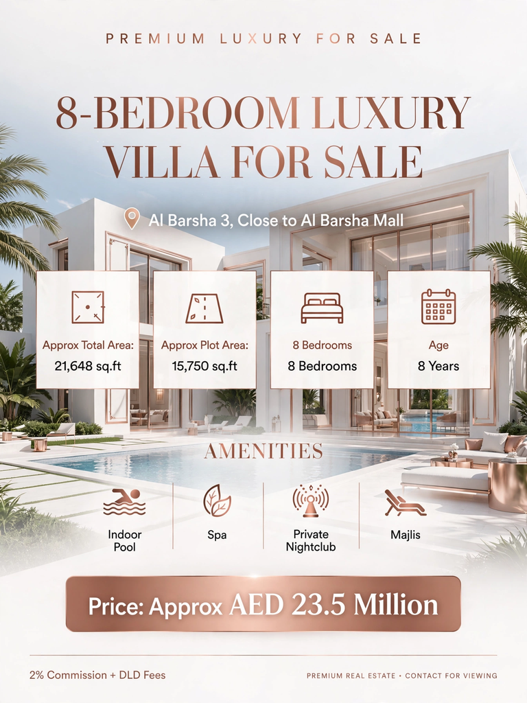 8-BR Luxury Villa for Sale in Al Barsha 3 | Close to Al Barsha Mall