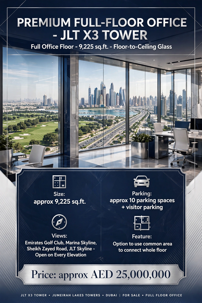 Premium Full-Floor Office JLT X3 Tower | 10 Parking | AED 25M