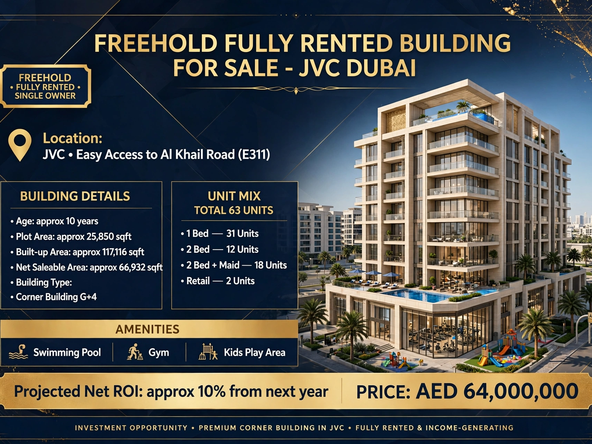 Freehold Fully Rented Building for Sale JVC Dubai | G+4 Corner 63 Units | ROI 10% | AED 64M
