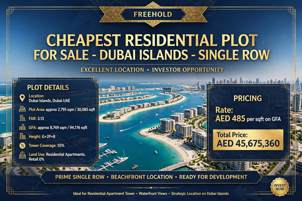 🔥 Cheapest Residential Plot in Dubai Islands – Single Row Beachfront – Ready for G+2P+8 Tower