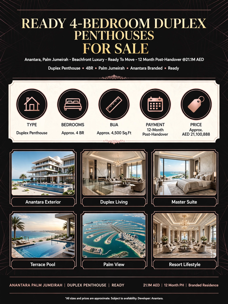 Ready 4-Bedroom Duplex Penthouses with 12-Month Post-Handover Payment Plan