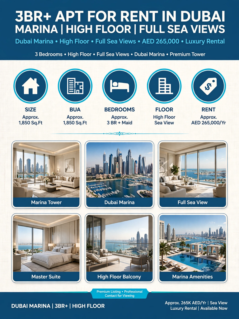 3BR+ Apt for Rent in Dubai Marina | High Floor | Full  Sea Views